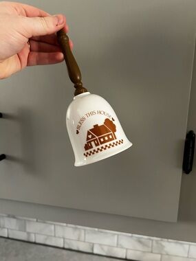 Vintage Ceramic “Bless This House” Decorative Bell with Wood Handle